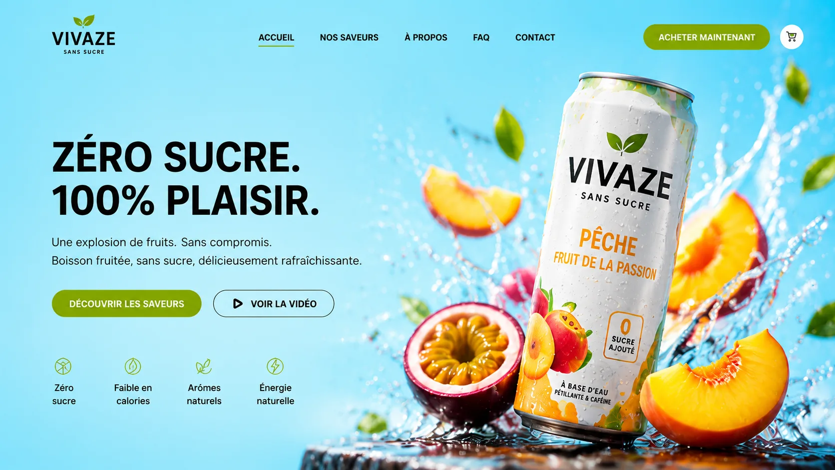 Vivaze — landing page d'une boisson sans sucre, démo NextUp Web