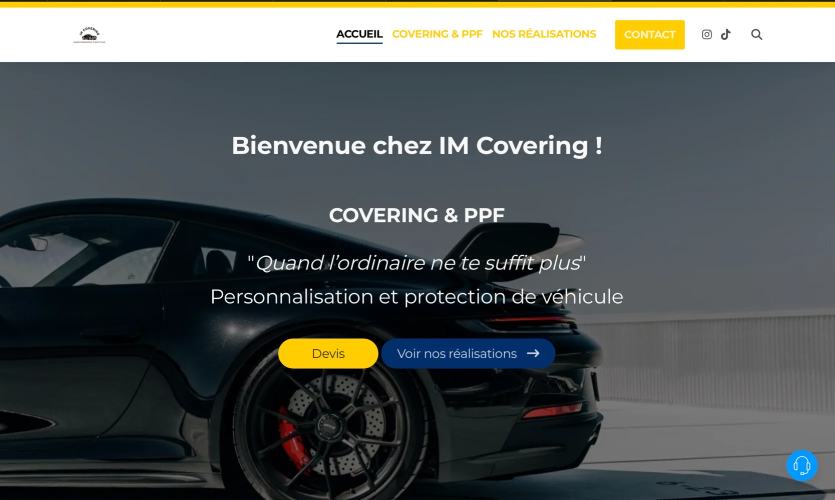 Ancien hero IM Covering — typographie générique, hiérarchie plate