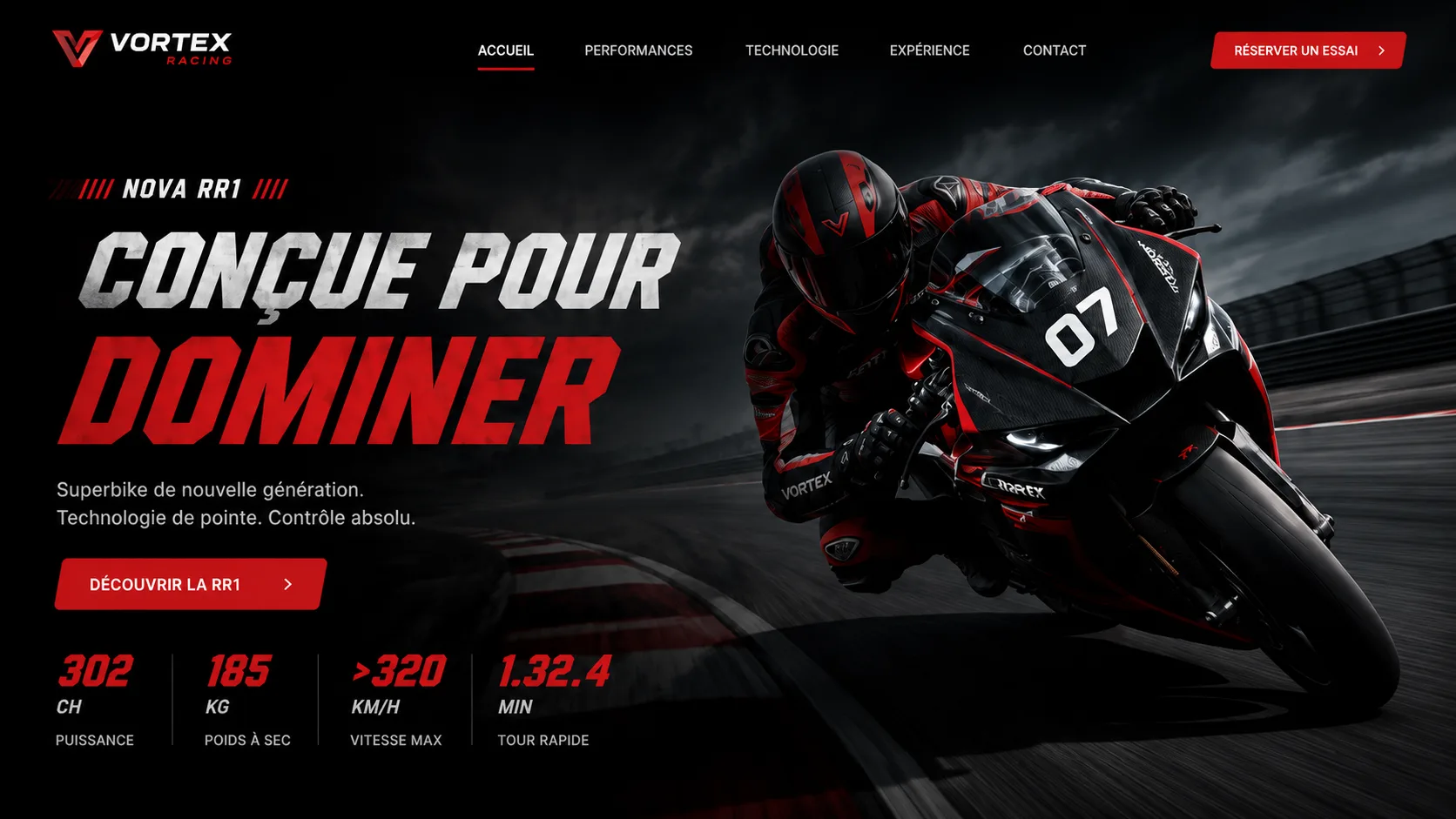 Vortex RR1 — landing page d'une moto sportive, démo NextUp Web