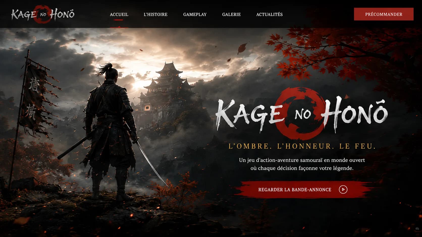 Kage no Honō — site teaser d'un jeu vidéo samouraï, démo NextUp Web