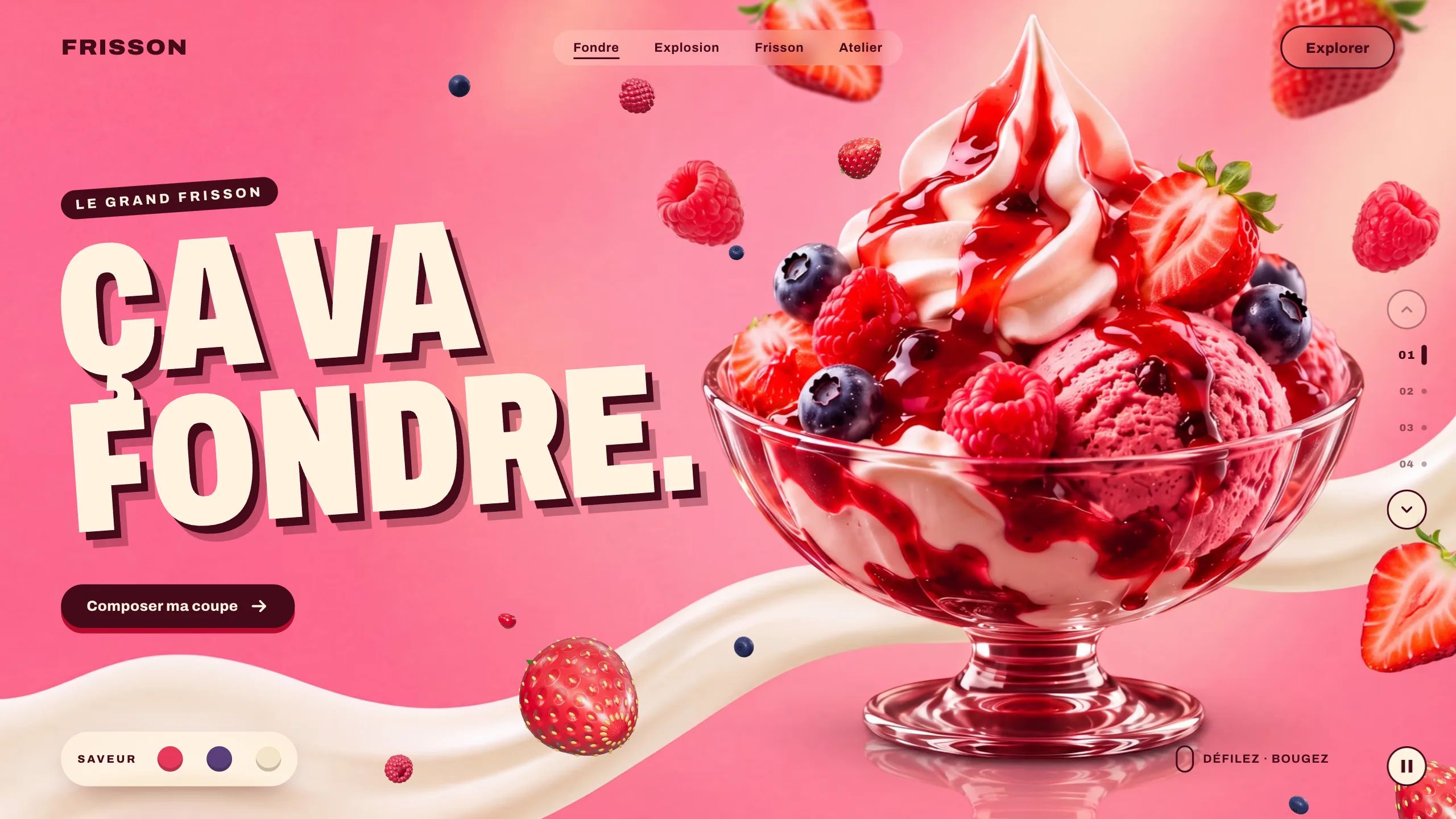 Frisson — landing page 3D d'une marque de glaces, démo NextUp Web