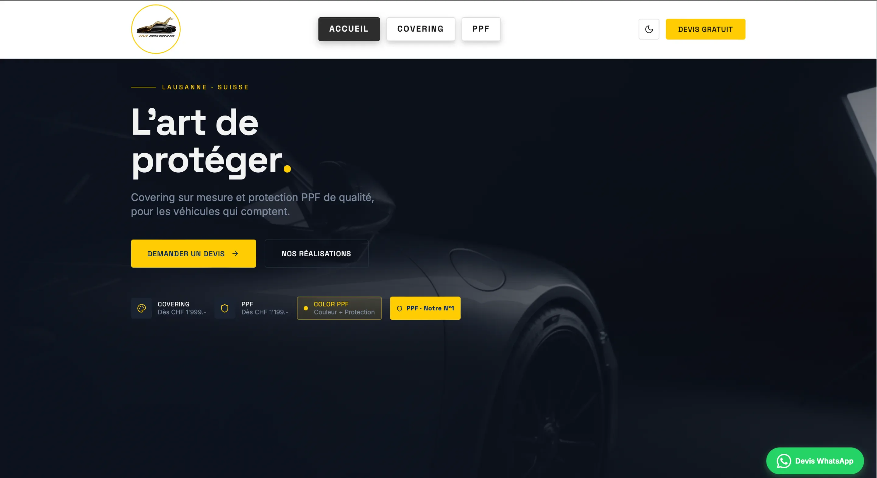Page d'accueil du site IM Covering refondu — covering automobile à Lausanne