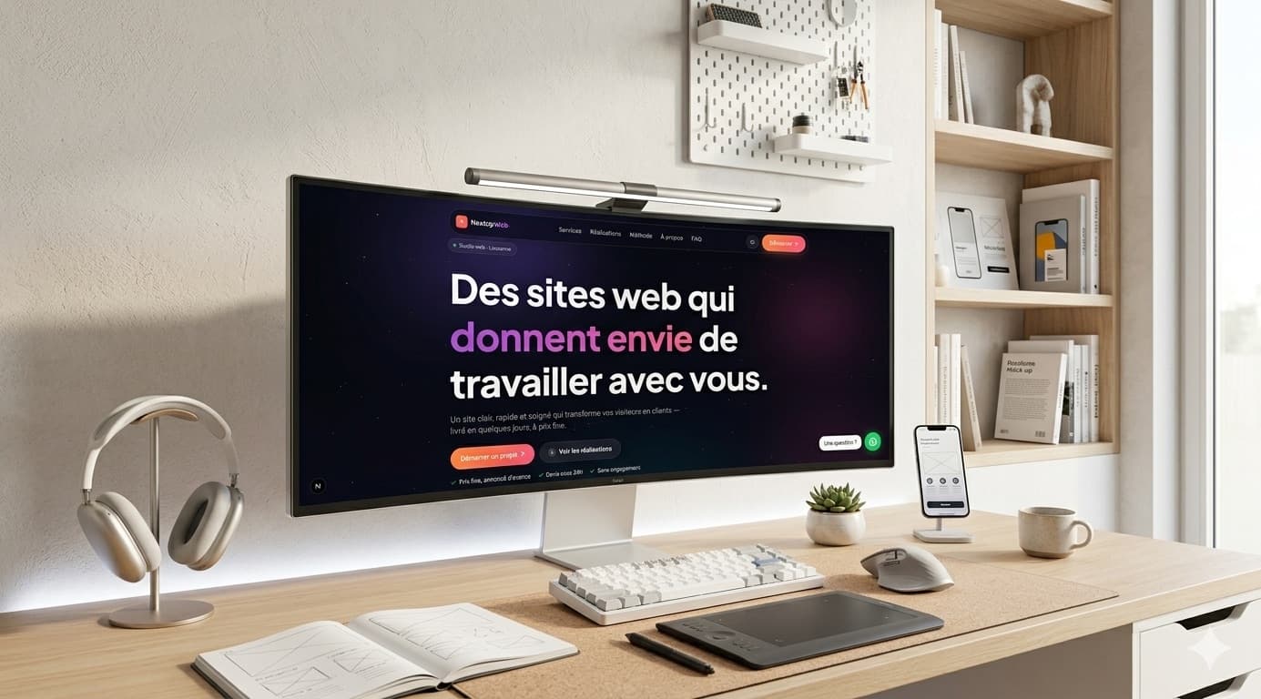 Poste de travail NextUp Web à Lausanne — site affiché sur écran