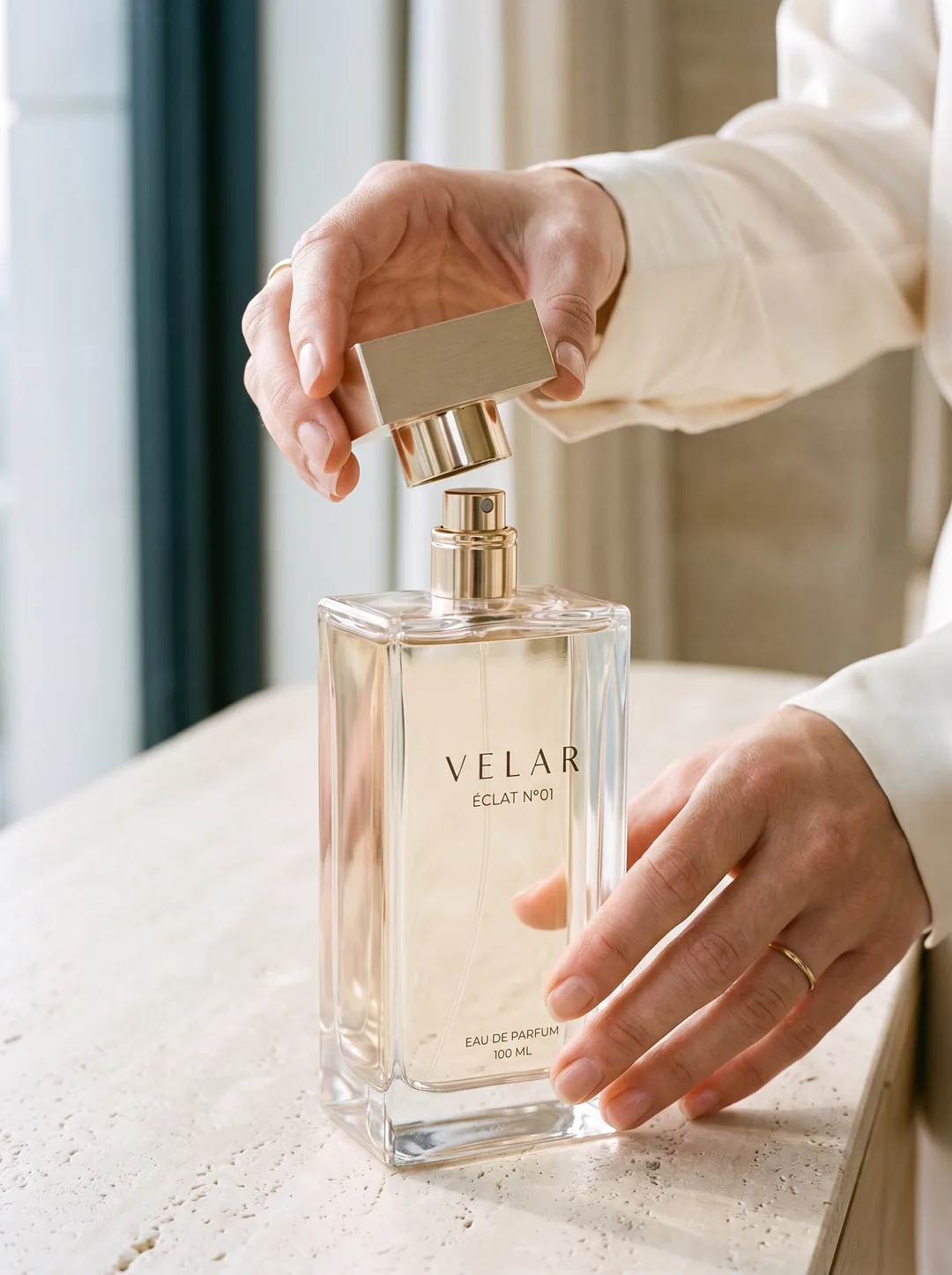 A hand lifting the cap of Éclat Nº01